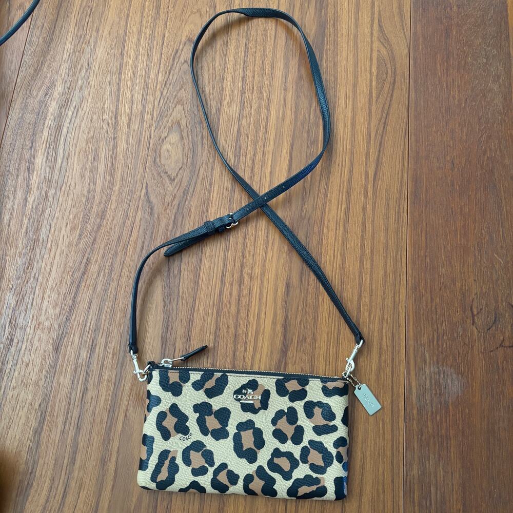 Coach Leopard Cheetah Print Crossbody Handbag, black and tan mini purse - Picture 3 of 10